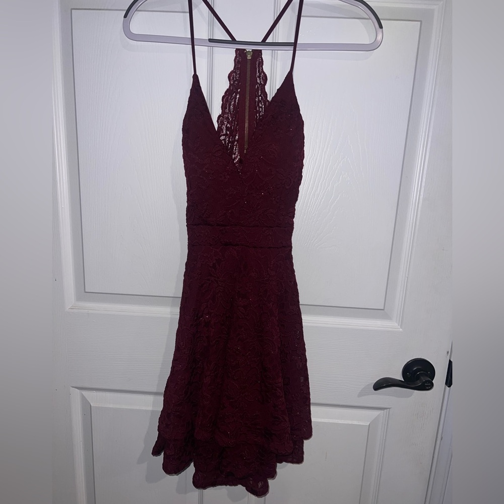 Honey and Rosie Burgundy Fit and Flare Mini Dress Spaghetti Strap
